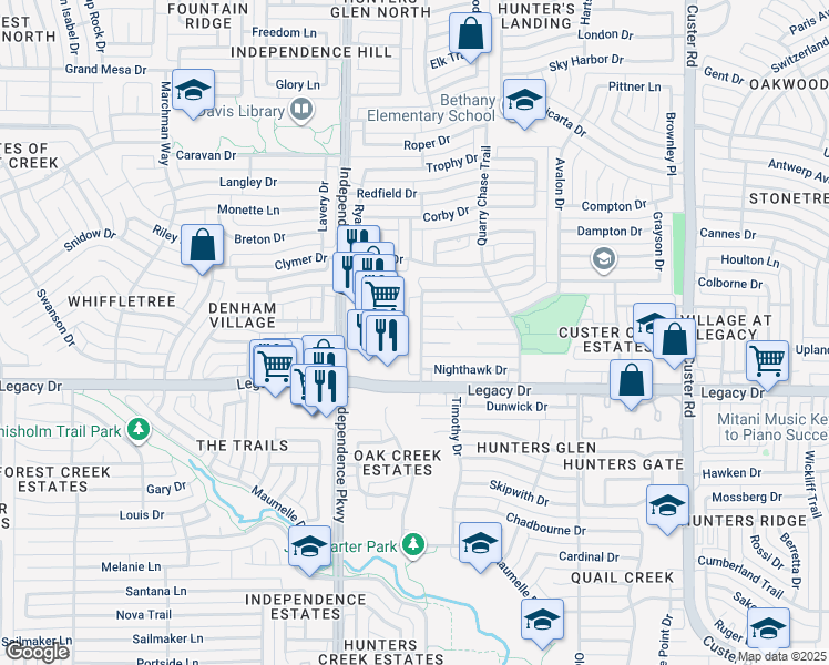 map of restaurants, bars, coffee shops, grocery stores, and more near 7105 Falcon Drive in Plano