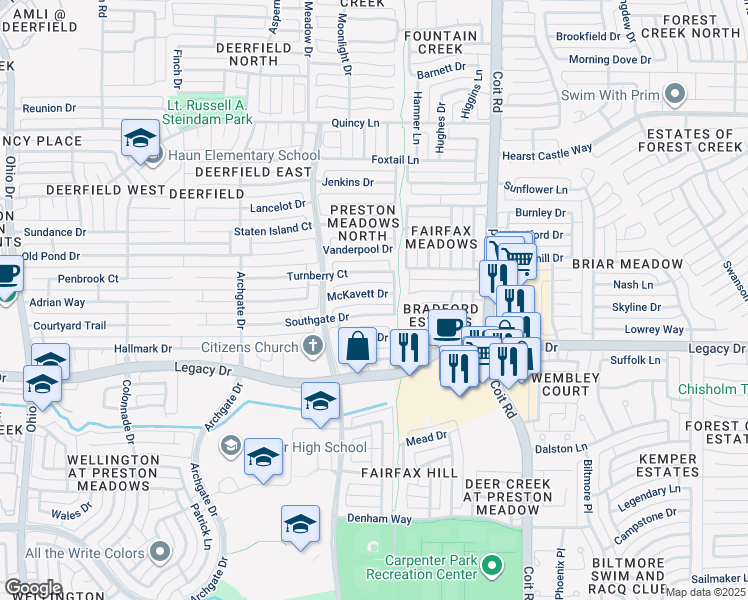 map of restaurants, bars, coffee shops, grocery stores, and more near 4312 McKavett Drive in Plano