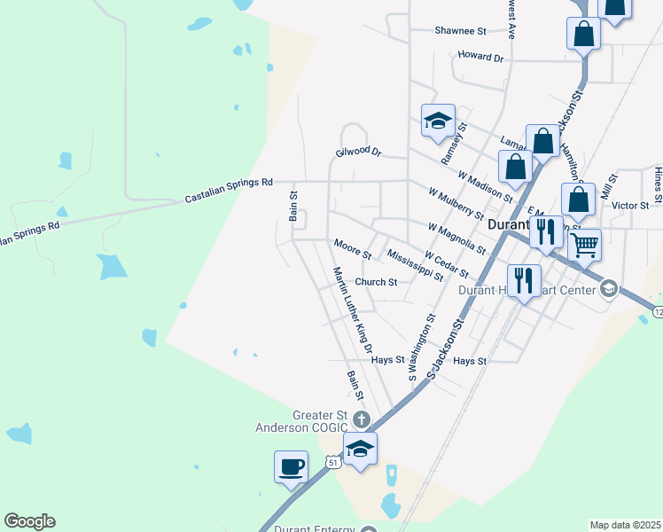 map of restaurants, bars, coffee shops, grocery stores, and more near 435 Martin Luther King Drive in Durant