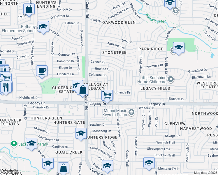 map of restaurants, bars, coffee shops, grocery stores, and more near 7112 Stoddard Lane in Plano
