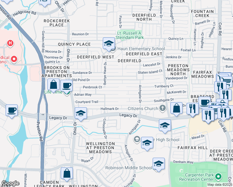 map of restaurants, bars, coffee shops, grocery stores, and more near 4591 Adrian Way in Plano