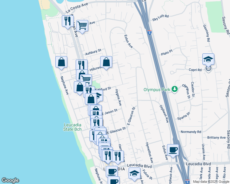 map of restaurants, bars, coffee shops, grocery stores, and more near 1418 Hygeia Avenue in Encinitas
