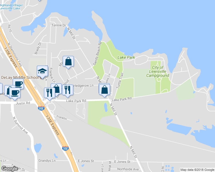 map of restaurants, bars, coffee shops, grocery stores, and more near 422 Lakeview Circle in Lewisville