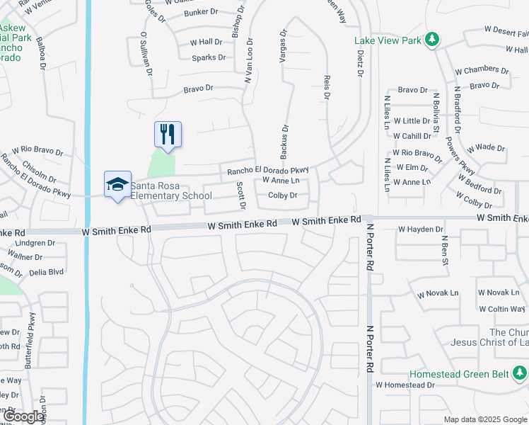 map of restaurants, bars, coffee shops, grocery stores, and more near 21283 North Van Loo Drive in Maricopa