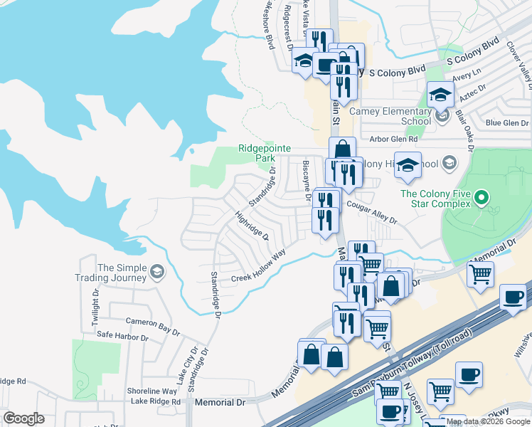 map of restaurants, bars, coffee shops, grocery stores, and more near 4516 Shadowridge Drive in The Colony