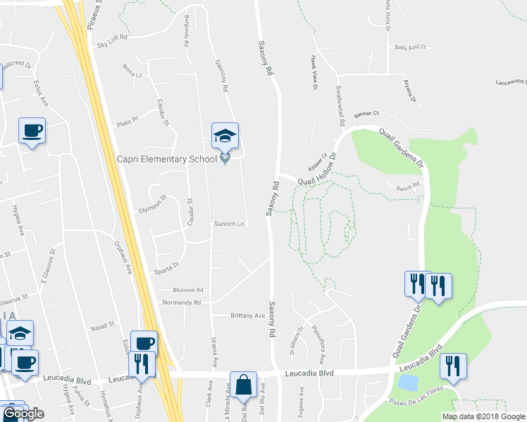 map of restaurants, bars, coffee shops, grocery stores, and more near 1320 Saxony Road in Encinitas