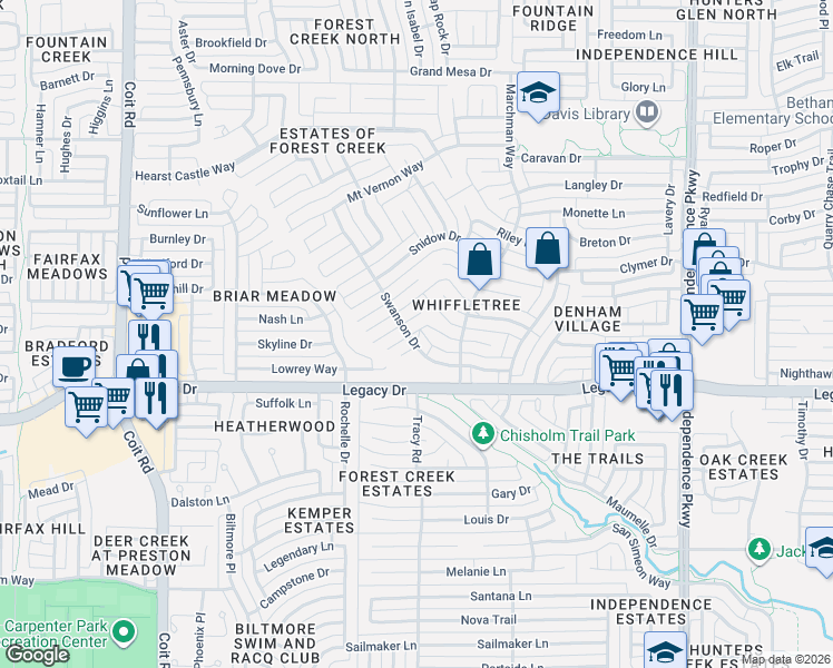 map of restaurants, bars, coffee shops, grocery stores, and more near 3425 Swanson Drive in Plano