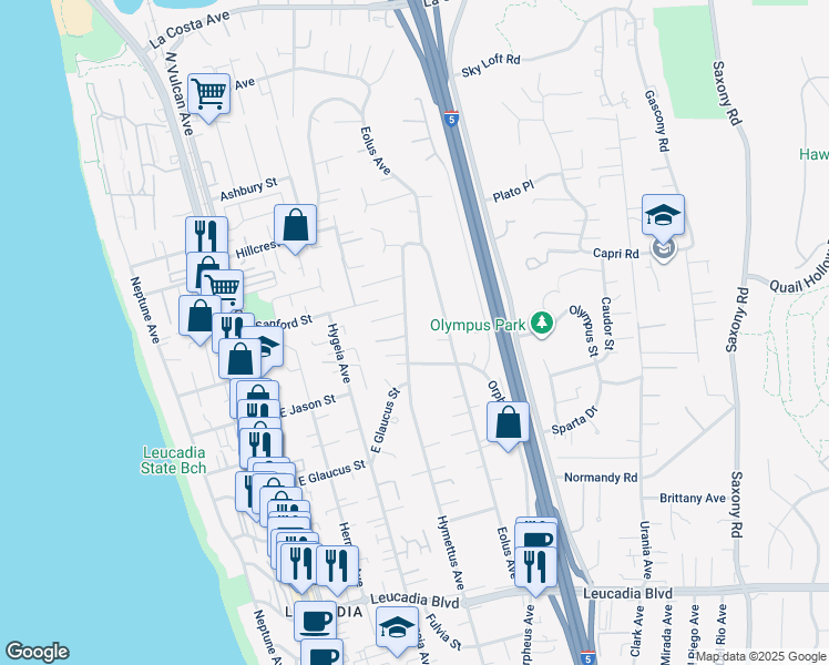 map of restaurants, bars, coffee shops, grocery stores, and more near 1381 Hymettus Avenue in Encinitas