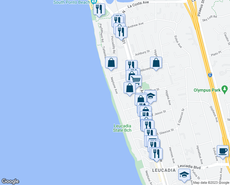 map of restaurants, bars, coffee shops, grocery stores, and more near 1500 Neptune Avenue in Encinitas