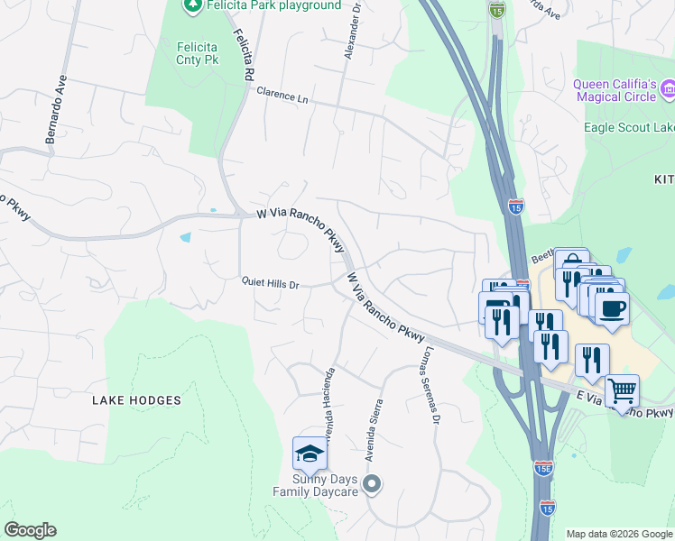 map of restaurants, bars, coffee shops, grocery stores, and more near 500 Old Via Rancho Drive in Escondido