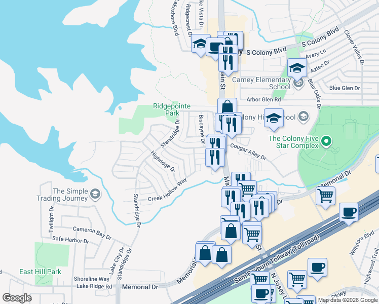 map of restaurants, bars, coffee shops, grocery stores, and more near 4541 Ridgepointe Drive in The Colony