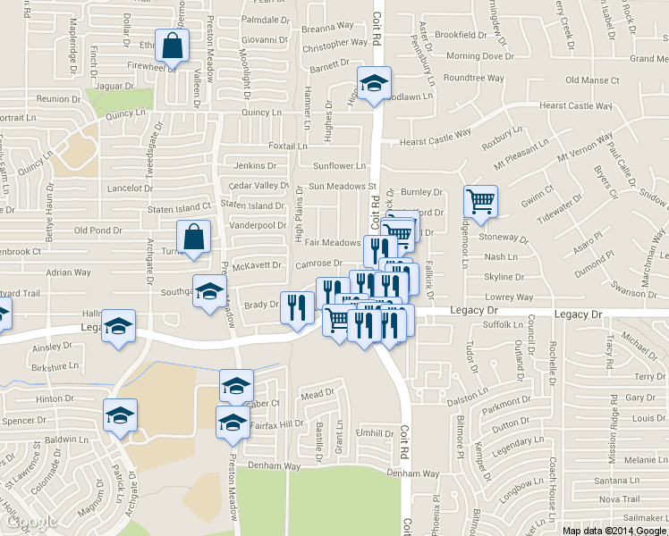 map of restaurants, bars, coffee shops, grocery stores, and more near 4100 Camrose Drive in Plano