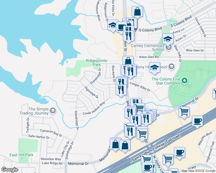 map of restaurants, bars, coffee shops, grocery stores, and more near 4541 Ridgepointe Drive in The Colony