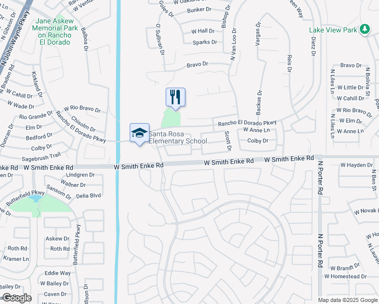 map of restaurants, bars, coffee shops, grocery stores, and more near 42550 West Michaels Drive in Maricopa