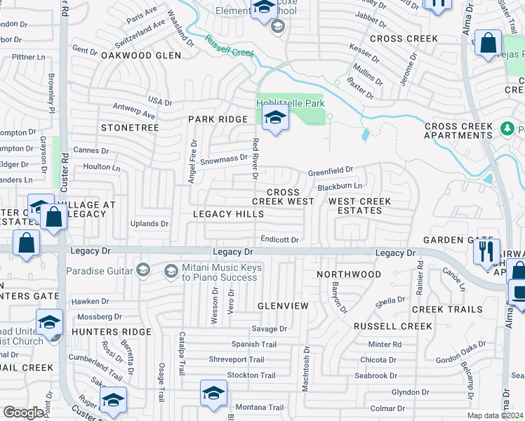 map of restaurants, bars, coffee shops, grocery stores, and more near 1620 Simsbury Drive in Plano