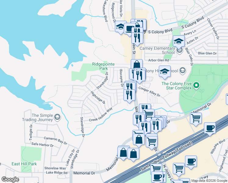 map of restaurants, bars, coffee shops, grocery stores, and more near 4541 Ridgepointe Drive in The Colony