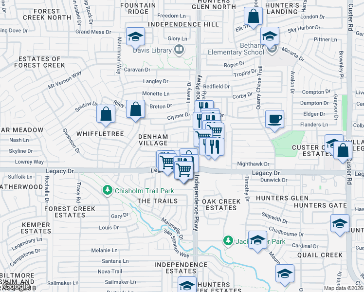 map of restaurants, bars, coffee shops, grocery stores, and more near 3112 Ipswich Drive in Plano