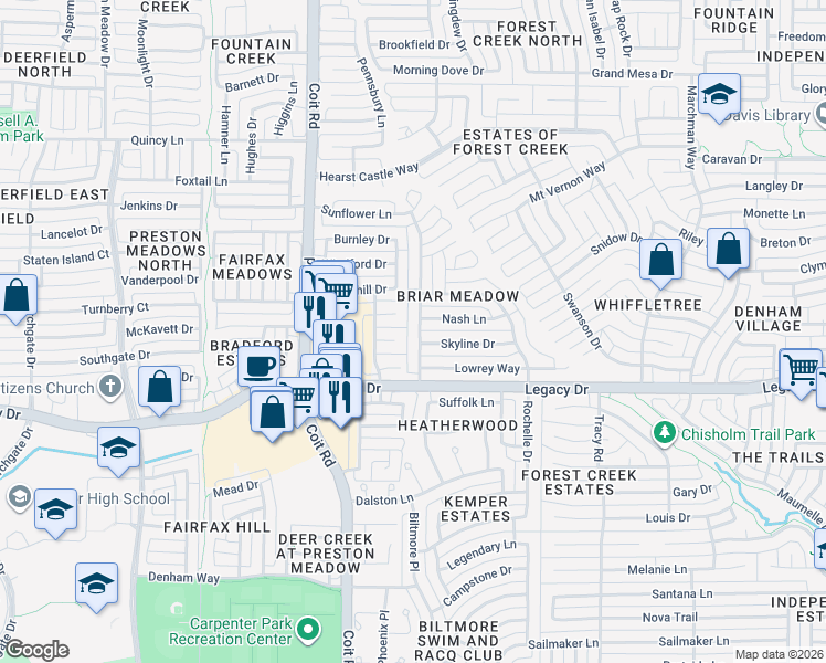 map of restaurants, bars, coffee shops, grocery stores, and more near 7109 Ridgemoor Lane in Plano