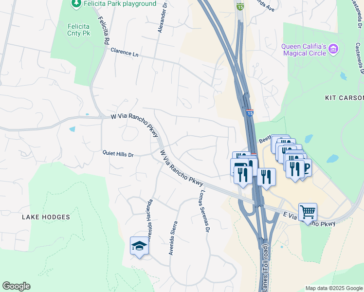 map of restaurants, bars, coffee shops, grocery stores, and more near 3176 Via Montaneta in Escondido
