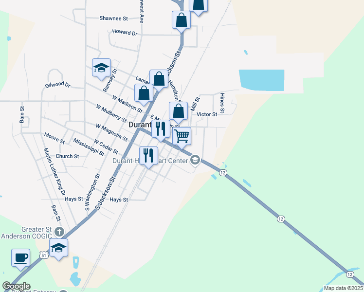 map of restaurants, bars, coffee shops, grocery stores, and more near 400-540 Hwy 12 in Durant