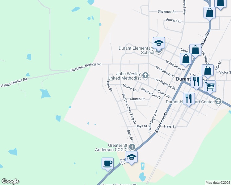 map of restaurants, bars, coffee shops, grocery stores, and more near 435 Martin Luther King Drive in Durant