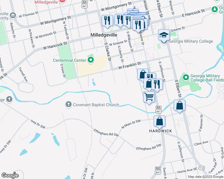 map of restaurants, bars, coffee shops, grocery stores, and more near 451 Flagg Chapel Lane in Milledgeville