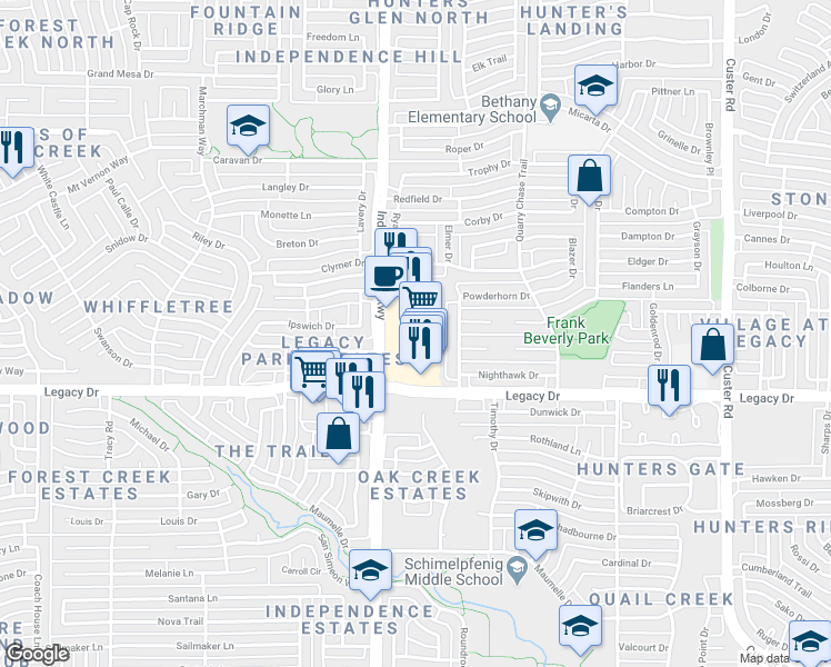 map of restaurants, bars, coffee shops, grocery stores, and more near 7000 Independence Parkway in Plano