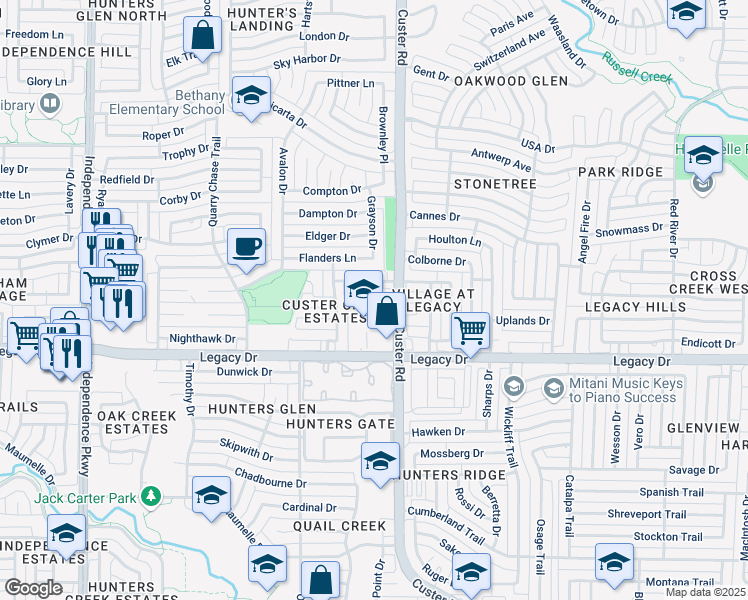 map of restaurants, bars, coffee shops, grocery stores, and more near 7105 Tansy Place in Plano