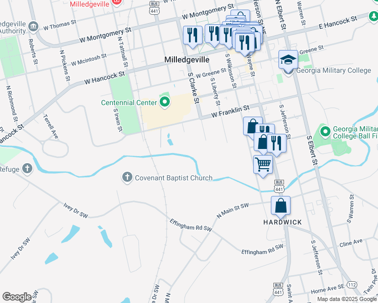 map of restaurants, bars, coffee shops, grocery stores, and more near 451 Flagg Chapel Lane in Milledgeville