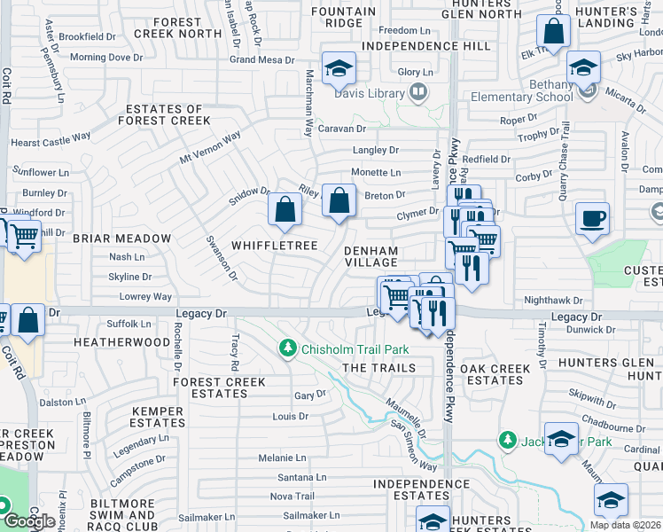 map of restaurants, bars, coffee shops, grocery stores, and more near 7112 Harvey Lane in Plano