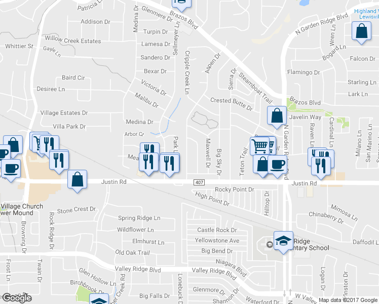 map of restaurants, bars, coffee shops, grocery stores, and more near 1921 Aspen Drive in Lewisville