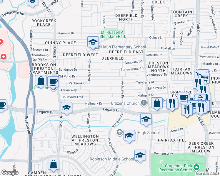 map of restaurants, bars, coffee shops, grocery stores, and more near 4569 Hitching Post Lane in Plano