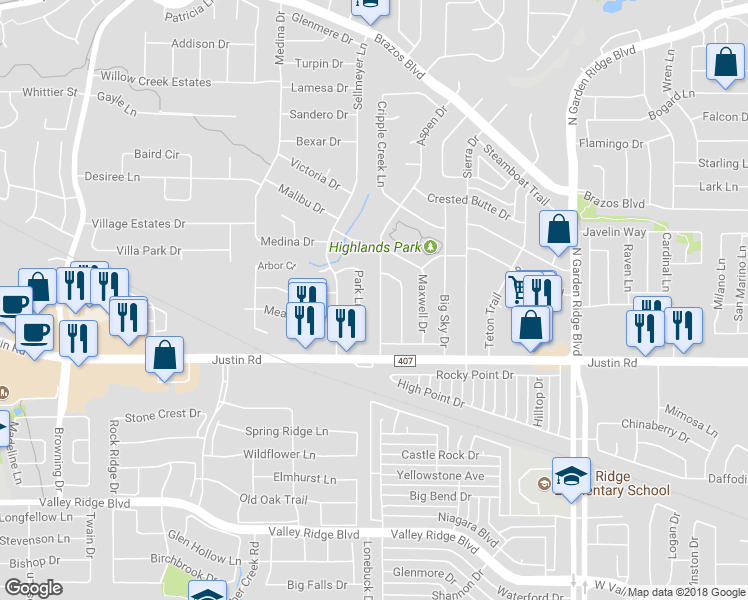 map of restaurants, bars, coffee shops, grocery stores, and more near 1920 Aspen Drive in Lewisville
