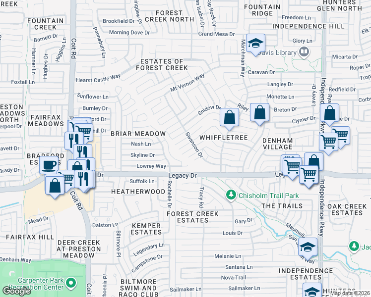 map of restaurants, bars, coffee shops, grocery stores, and more near 3609 Dumond Pl in Plano