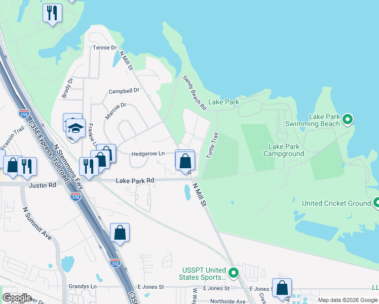 map of restaurants, bars, coffee shops, grocery stores, and more near 1803 Lakeview Circle in Lewisville