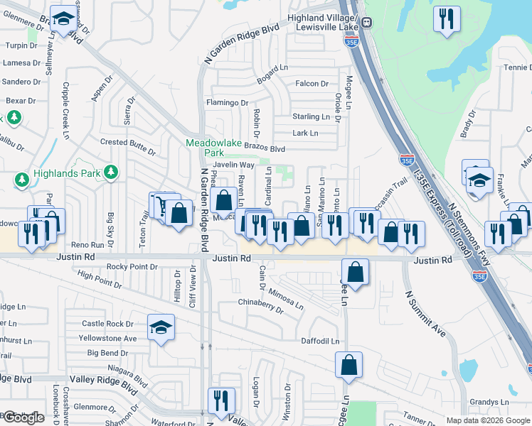 map of restaurants, bars, coffee shops, grocery stores, and more near 1414 Drake Lane in Lewisville