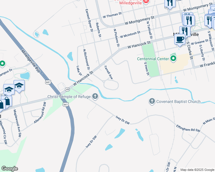 map of restaurants, bars, coffee shops, grocery stores, and more near 365 Glenhaven Drive in Milledgeville