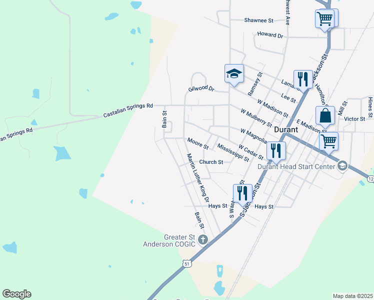 map of restaurants, bars, coffee shops, grocery stores, and more near 435 Martin Luther King Drive in Durant