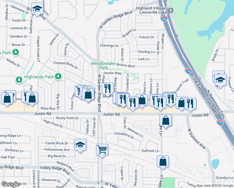 map of restaurants, bars, coffee shops, grocery stores, and more near 1434 Drake Lane in Lewisville