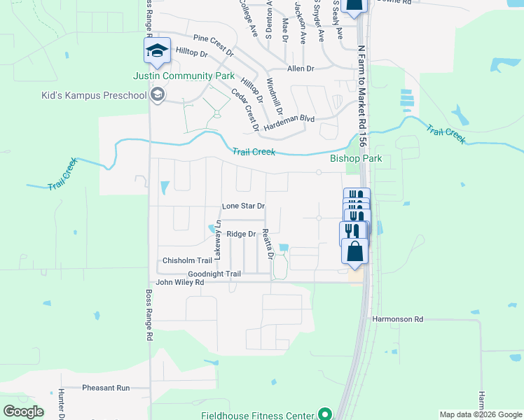 map of restaurants, bars, coffee shops, grocery stores, and more near 402 Silver Mine Drive in Justin
