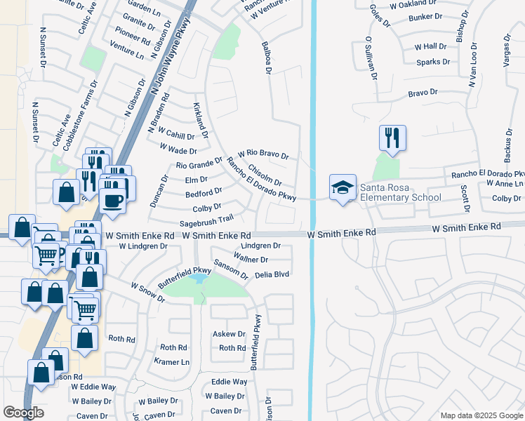 map of restaurants, bars, coffee shops, grocery stores, and more near 21344 Karsten Drive in Maricopa