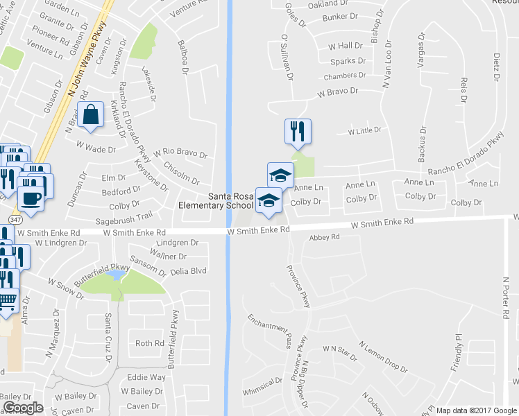 map of restaurants, bars, coffee shops, grocery stores, and more near 21400 N Santa Rosa Ave in Maricopa