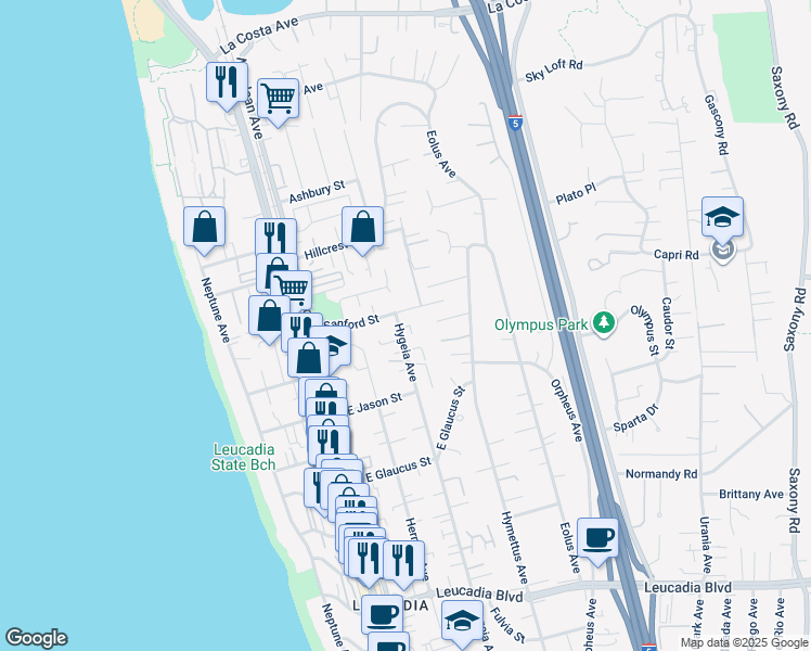 map of restaurants, bars, coffee shops, grocery stores, and more near 1418 Hygeia Avenue in Encinitas
