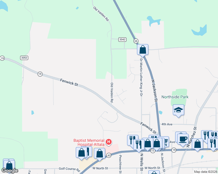map of restaurants, bars, coffee shops, grocery stores, and more near 109 Old Vaiden Road in Kosciusko