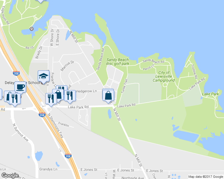 map of restaurants, bars, coffee shops, grocery stores, and more near 2101 Lakeview Circle in Lewisville