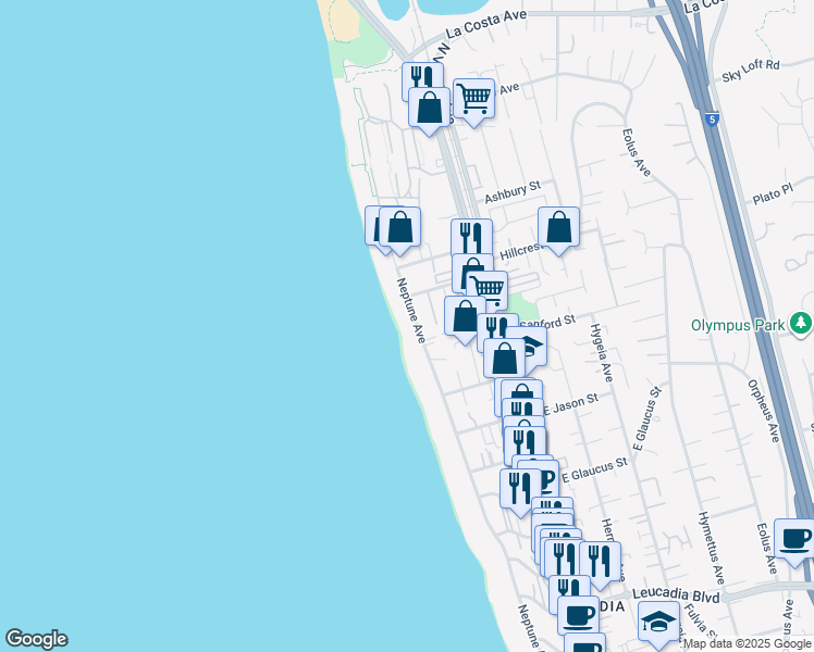 map of restaurants, bars, coffee shops, grocery stores, and more near 1532 Neptune Avenue in Encinitas