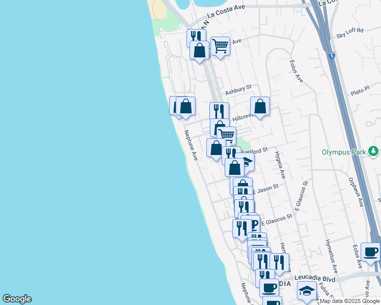 map of restaurants, bars, coffee shops, grocery stores, and more near 1532 Neptune Avenue in Encinitas