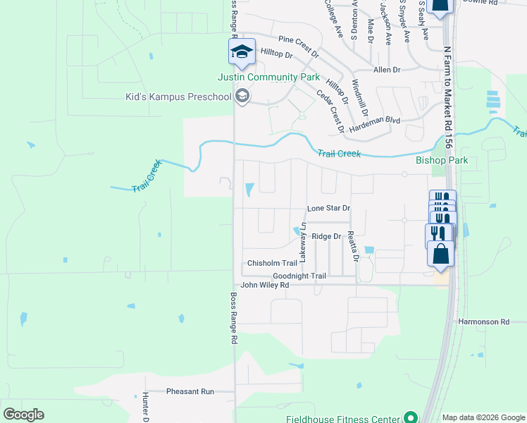 map of restaurants, bars, coffee shops, grocery stores, and more near Lakeway Lane in Justin