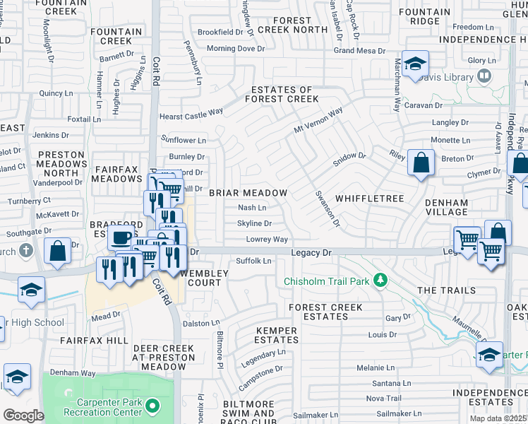 map of restaurants, bars, coffee shops, grocery stores, and more near 3716 Nash Lane in Plano