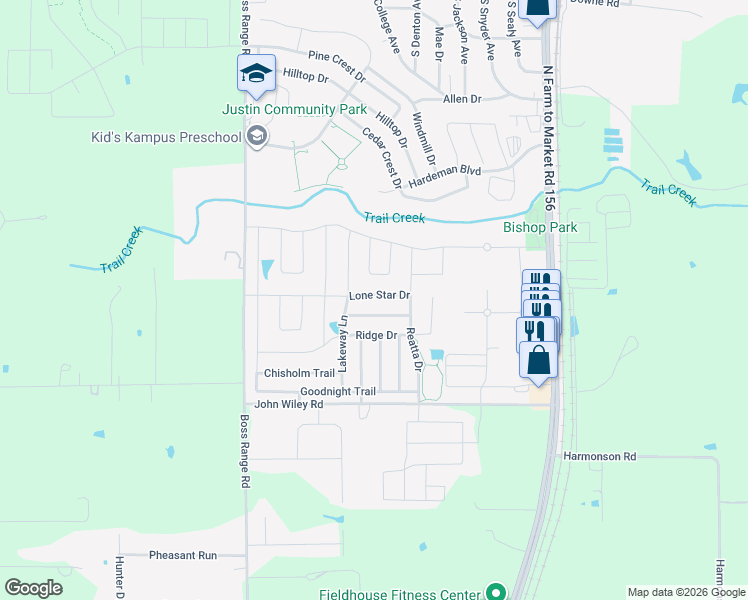 map of restaurants, bars, coffee shops, grocery stores, and more near 456 Lone Star Drive in Justin